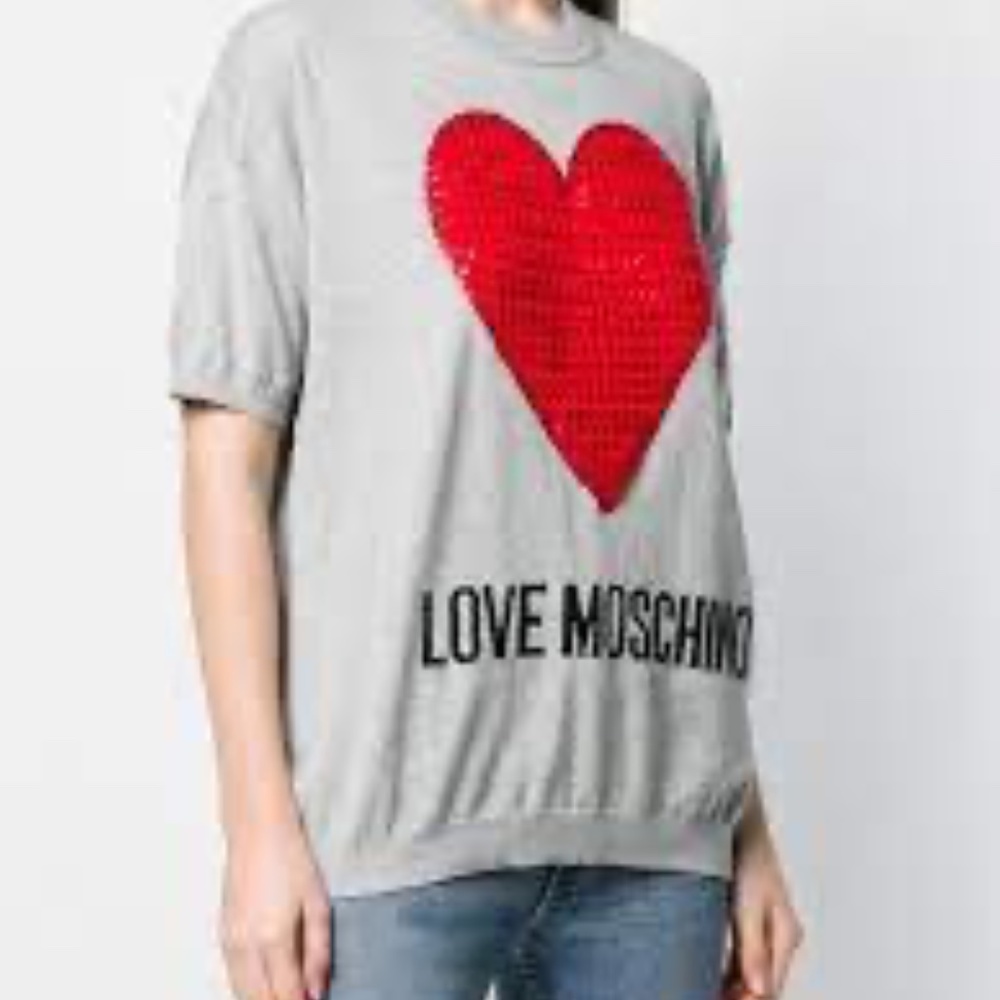 Love Moschino Crystal-Embellished Embroidered Mélange Cotton Top Size M